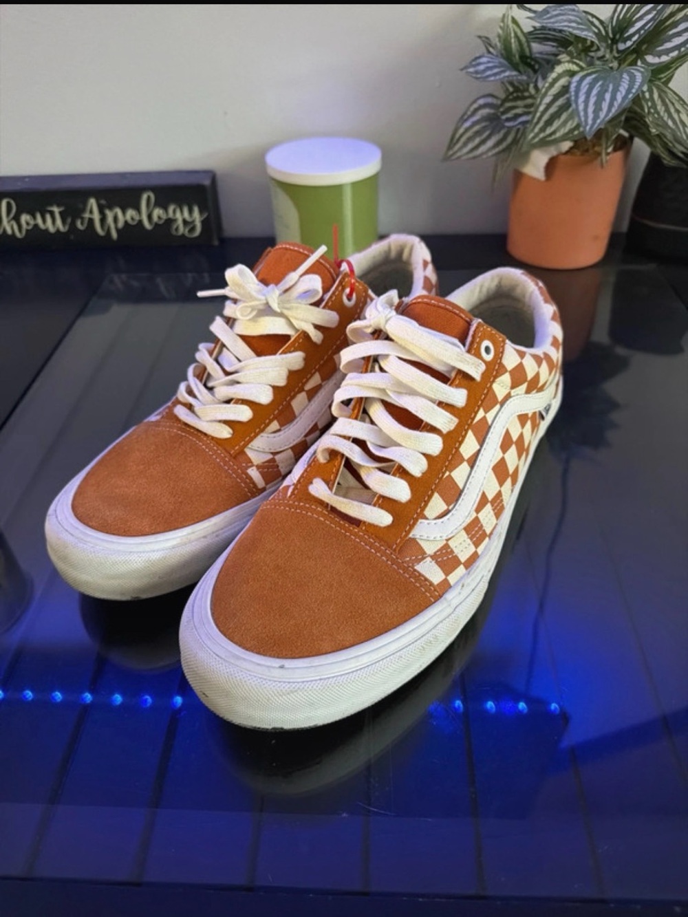Vans Orange and White Checkerboard Old Skool Sneakers